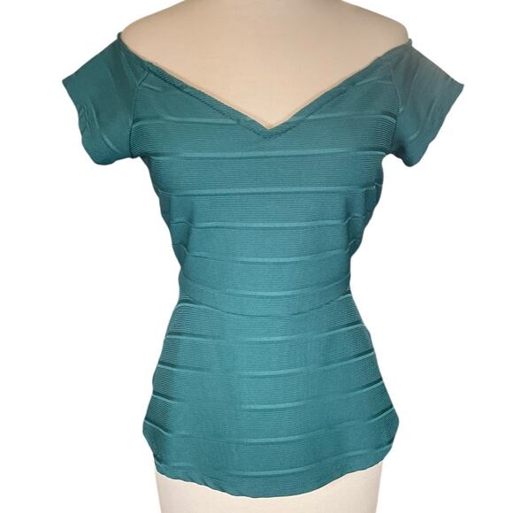 G by Guess Size Large Hunter Green Off The Shoulder Body Wrap Peplum Sexy Top - Picture 11 of 11